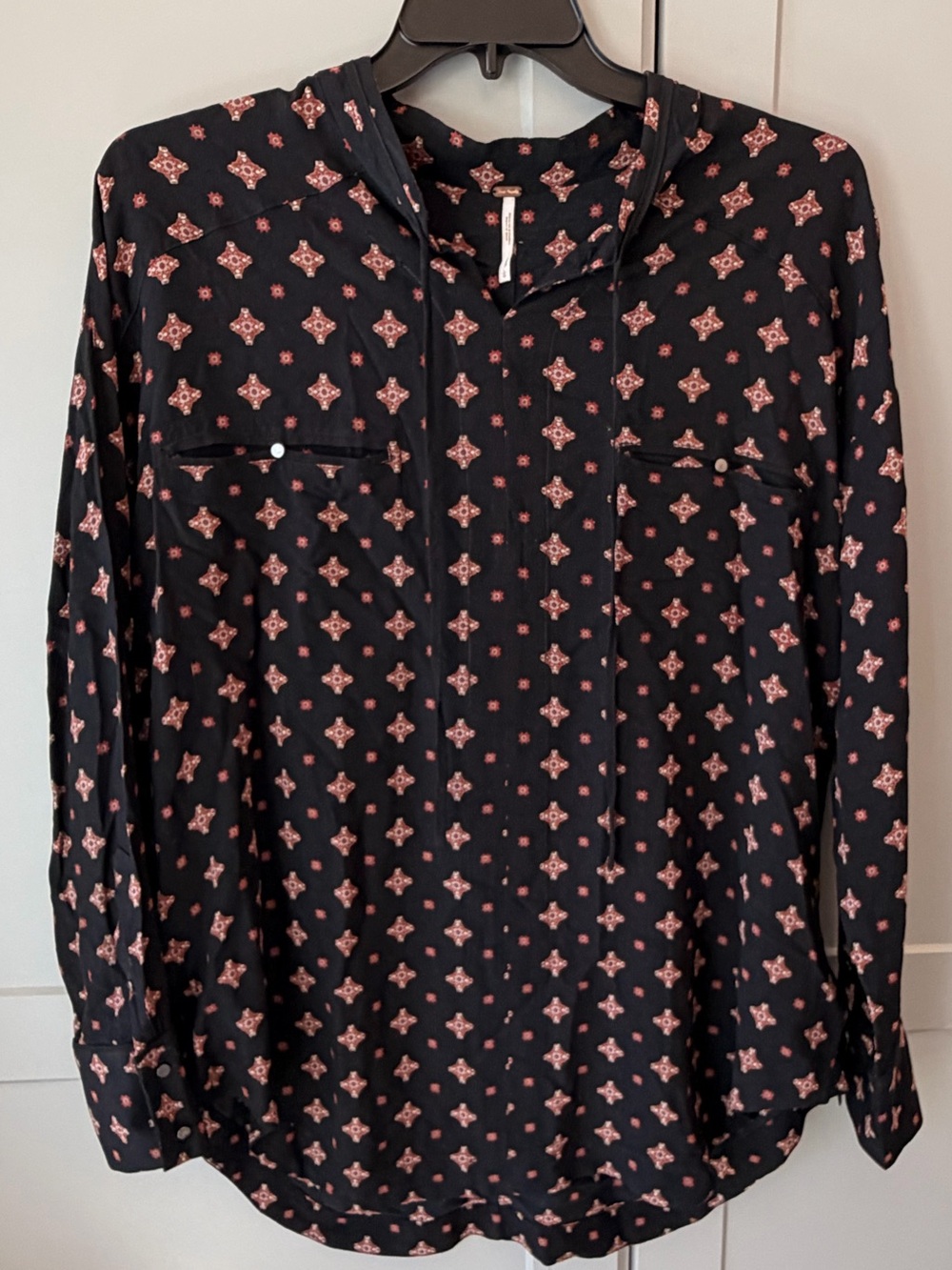 Free People Black Rust Medallion Print Blouse Boho Tunic Top Size L